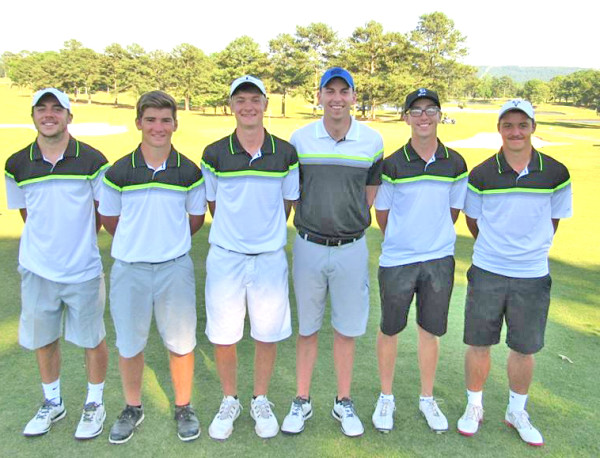 Kansas City Kansas Community College’s fifth place finish in the NJCAA Division II National Golf Tournament – the best ever – was turned in by the team of, from left, Alex Forristal, Marc McClain, Charlie Rinehart, assistant coach Alex Otting, Montana Fasching and Seve Sites. All are from the Greater Kansas City area. (KCKCC photo by head coach Gary Shrader)