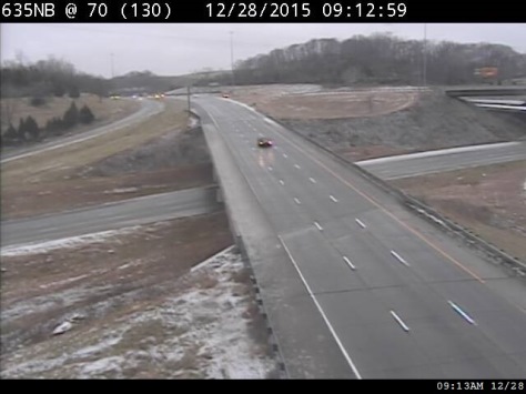 The roadways looked clear at I-635 and I-70 around 9 a.m. Monday. (KC Scout photo)