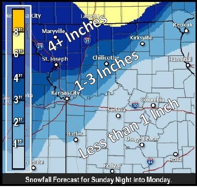 Snowfall forecast for Sunday night into Monday (National Weather Service graphic)