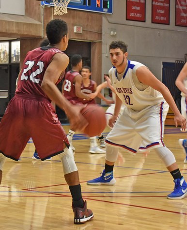 Focused defensively, sophomore Joe Lendway leads KCKCC in rebounding and is second in scoring. (KCKCC photo by Alan Hoskins)