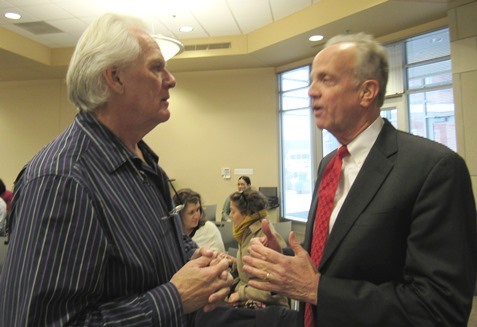 Edwardsville Mayor John McTaggart, left, chatted with U.S. Sen. Jerry Moran before Monday's forum at Donnelly College, Kansas City, Kan. (Staff photo by Mary Rupert)