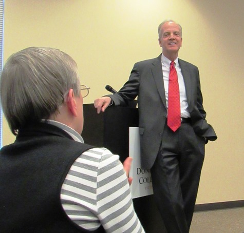 Sister Therese Bangert asked Sen. Jerry Moran about gun control at a forum Monday at Donnelly College, Kansas City, Kan. (Staff photo by Mary Rupert)