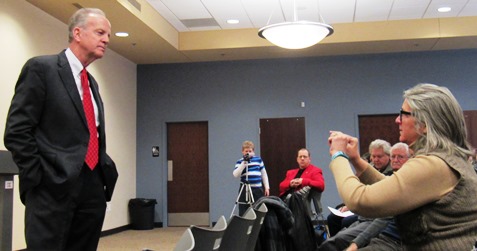 Sen. Jerry Moran listened to audience questions Monday at a town hall forum at Donnelly College, Kansas City, Kan. (Staff photo by Mary Rupert)