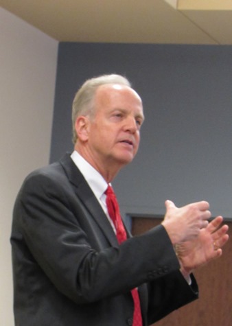 U.S. Sen. Jerry Moran talked about issues at a town hall forum Monday at Donnelly College, Kansas City, Kan. (Staff photo by Mary Rupert)