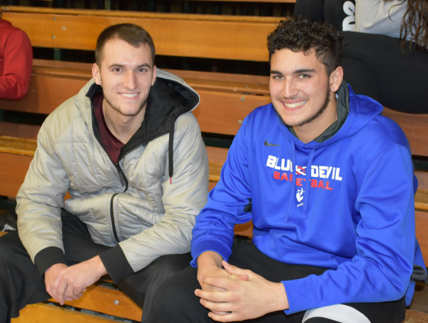 A chance to play with former Lansing High School teammate Clay Young, left, now a member of the Kansas basketball team, was one of the factors in Joe Lendway’s decision to attend KCKCC. Unfortunately, Young suffered a season-ending injury in the second game of the 2014-15 season. (KCKCC photo by Alan Hoskins)