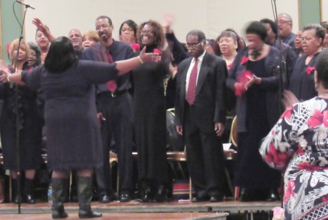 The Martin Luther King Mass Choir, under the direction of Alicia Saunders, performed at the King Day celebration today at the Reardon Convention Center, Kansas City, Kan. (Staff photo by Mary Rupert)