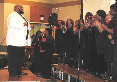 Pastor Michael Portley, left, of Transformation Family LIfe Center, and his sister, Tifani Portley Lott, performed with the the Martin Luther King Mass Choir today at the King Day celebration at the Reardon Convention Center, Kansas City, Kan. (Staff photo by Mary Rupert)