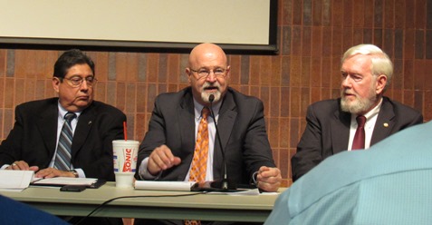 Rep. Stan Frownfelter, center, spoke while Rep. Louis Ruiz, left, and Sen. Steve Fitzgerald, right, listened during a legislative forum Jan. 5 at the West Wyandotte Library, Kansas City, Kan. (Staff photo by Mary Rupert)