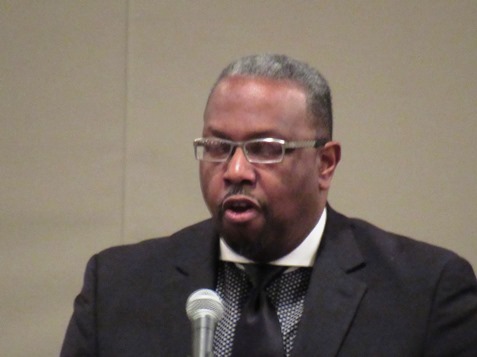 The Rev. Harold Johnson, also a Unified Government commissioner, introduced Bishop Lemuel F. Thuston at the King Day celebration today at the Reardon Center, Kansas City, Kan. (Staff photo by Mary Rupert)