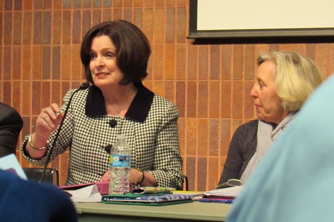 Rep. Kathy Wolfe Moore, left, spoke while Sen. Pat Pettey, right, listened at a legislative forum Jan. 5 at the West Wyandotte Library, Kansas City, Kan. (Staff photo by Mary Rupert)