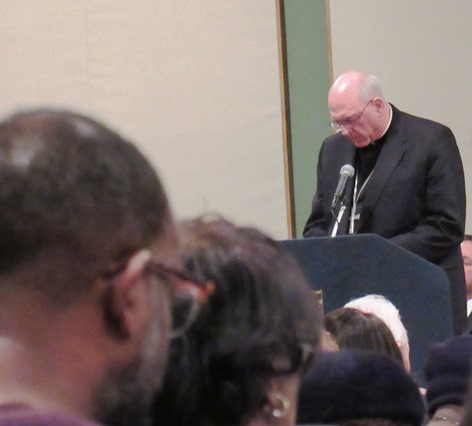 The Most Rev. Joseph F. Naumann, archbishop of the Roman Catholic Archdiocese of Kansas City in Kansas, offered an invocation today at the King Day celebration at the Reardon Center, Kansas City, Kan. (Staff photo by Mary Rupert)