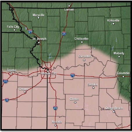 Patchy light freezing drizzle is possible in Wyandotte County today, and in areas in pink on this map. (National Weather Service graphic)