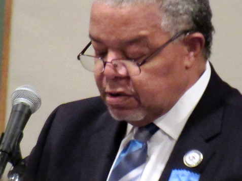 The Rev. Jimmie Banks, pastor of Strangers Rest Baptist Church, presided at today's King Day celebration at the Reardon Center, Kansas City, Kan. (Staff photo)