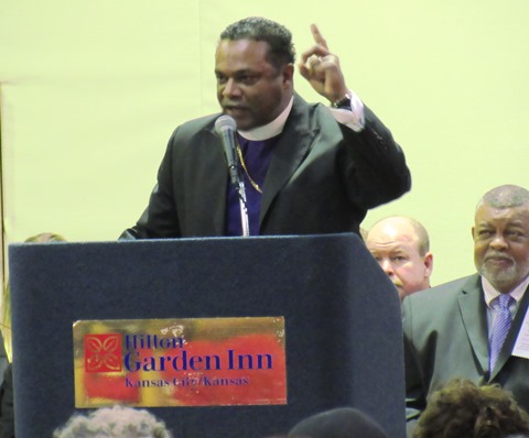 Bishop Lemuel Thuston was the keynote speaker at today's King Day celebration at the Reardon Convention Center, Kansas City, Kan. (Staff photo by Mary Rupert)