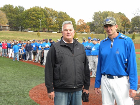 The retirement of 36-year KCKCC baseball coach Steve Burleson brought out more than 70 former players last fall including Burleson’s successor Matt Goldbeck (right). (KCKCC photo by Alan Hoskins)