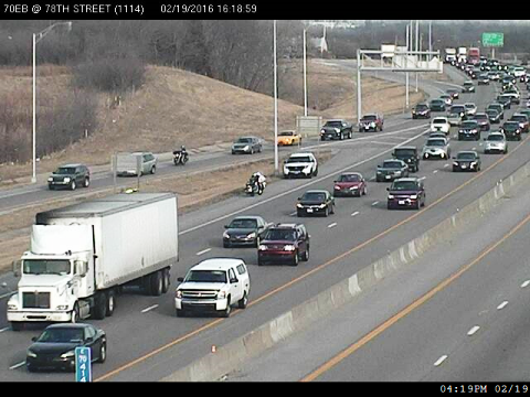 Traffic was reported heavy at I-70 near 78th Street about 4:15 p.m., KC Scout reported. (KC Scout photo)