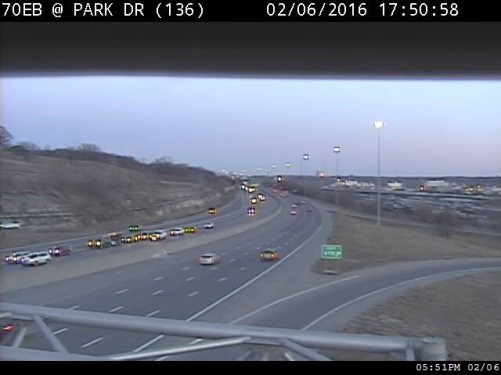 A collision on I-70 west of I-635 caused a traffic backup on I-70 westbound on Saturday evening. Traffic was backed up east of the Park Drive exit.  (KC Scout photo)