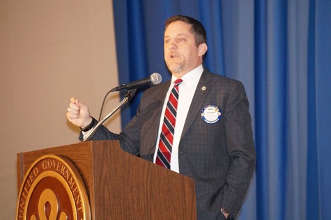 Mayor Mark Holland today emphasized a long-term vision, not quick fixes, in his state of the government speech at the Reardon Convention Center, Kansas City, Kan. (Photo by Edwin Birch, Unified Government)