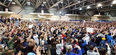 Bernie Sanders, a Democratic presidential candidate, made a campaign stop on Wednesday, Dec. 24, at Bartle Hall in Kansas City, Mo. About 8,000 persons attended the campaign rally. (Photo by William Crum)