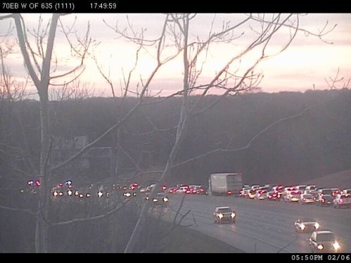 A collision on I-70 west of I-635 caused a traffic backup on I-70 westbound on Saturday evening. (KC Scout photo)