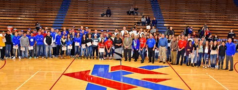 KCKCC President Doris Givens, vice presidents Michael Vitale and Susan Lindahl and Trustees Don Ash, Ray Daniels and J.D. Rios presented certificates of academic achievement Wednesday to 87 student-athletes including 54 percent with 3.50 or better grade point averages and 97 percent with 2.0 or better. (KCKCC photo by Jason Browar) 