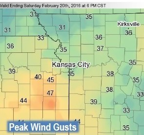 Thursday afternoon peak wind gusts (National Weather Service graphic)