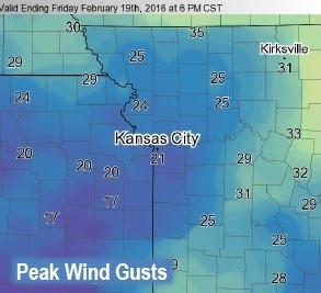 Friday afternoon peak wind gusts (National Weather Service graphic)