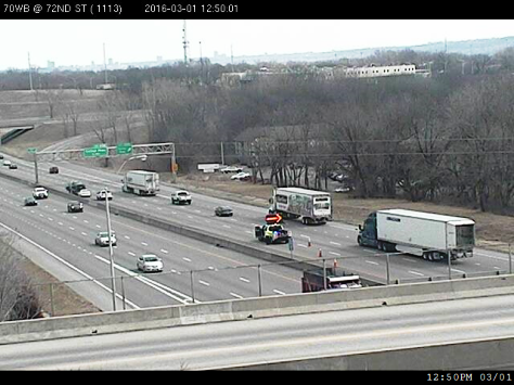 A collision was reported about 12:12 p.m. Tuesday, March 1, on I-70 eastbound, according to KC Scout. The collision was between 72nd and 78th street exits on I-70. Two left lanes were closed. (KC Scout photo) 