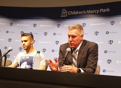 Dom Dwyer, who scored the Sporting KC goals, answered questions with Sporting KC manager Peter Vermes after the match. (Photo by William Crum)