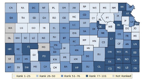 Annual health rankings from the Robert Wood Johnson Foundation and the University of Wisconsin Population Health Institute show disparity from county to county in Kansas. (Graphic by County Health Rankings)