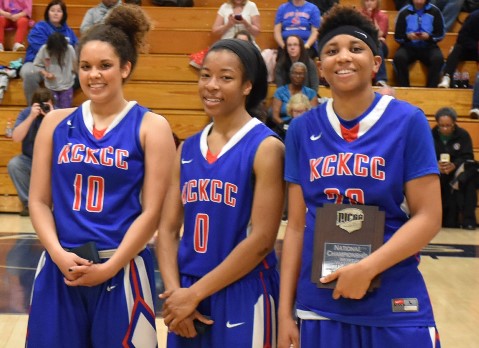 Three KCKCC Lady Blue Devils were named to the 2016 NJCAA Division II All-Tournament team, freshman Brooklyn Wagler (10) and sophomores Erin Anderson (0) and Cheyenne North (20), who was also named the tournament’s Most Valuable Player. (KCKCC photo by Jason Browar)