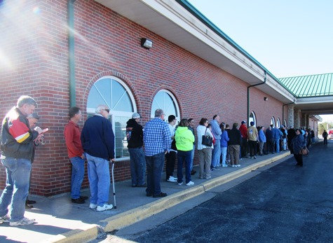 A long line stretched from the door around the edge of the building today for the GOP caucus at Open Door Baptist Church in Kansas City, Kan. (Staff photo)