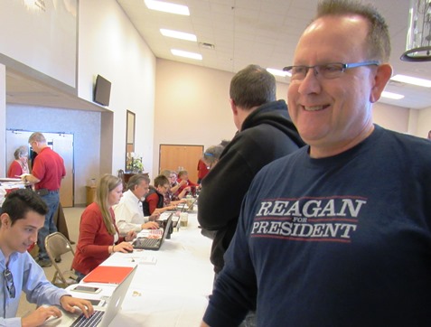 A voter today at the GOP caucus at Open Door Baptist Church in Kansas City, Kan. (Staff photo)