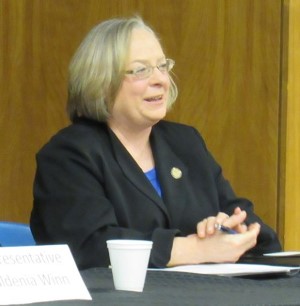 Rep. Pam Curtis spoke at the legislative coffee Saturday at the Main Kansas City, Kan., Public Library. (Staff photo)