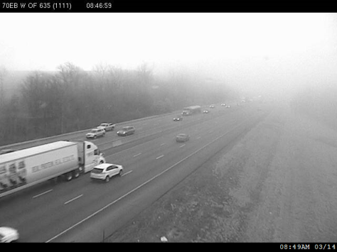 Fog was affecting visibility  on Monday morning on I-70 near 78th Street in Wyandotte County. (KC Scout photo)