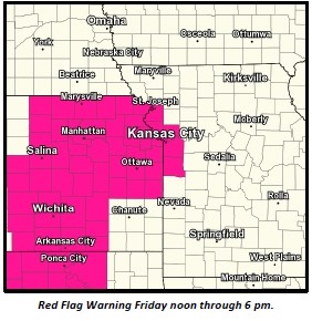 A red flag warning is in effect from noon to 6 p.m.  Friday in Wyandotte County. (National Weather Service graphic)