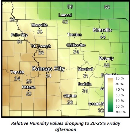 Relative humidity values will drop Friday afternoon. (National Weather Service graphic)