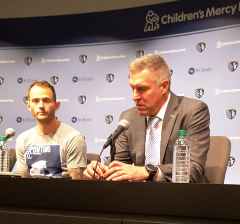 Brad Davis, left, who scored the winning goal, answered questions with manager Peter Vermes following the match Sunday. (Photo by William Crum)