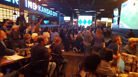 More than 500 persons attended a watch party Sunday evening at No Other Pub, an establishment at 1370 Grand Blvd. in Kansas City, Mo., to see the season opener for Sporting KC, an away game. Sporting KC won over the Seattle Sounders, 1-0. (Photo by William Crum)