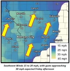 Winds could gust up to 30 mph Friday afternoon. (National Weather Service graphic)