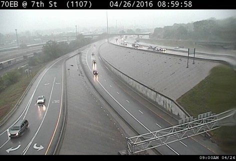 Heavy rains were falling on I-70 near 7th Street in Kansas City, Kan., on Tuesday morning. (KC Scout photo)