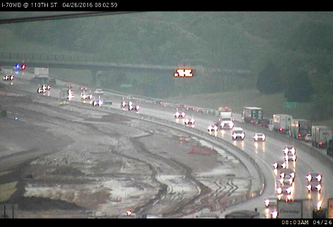 Traffic was slow on I-70 near 110th this morning during a thunderstorm and hail storm. (KC Scout photo)