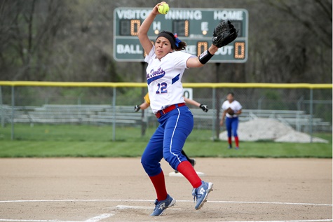 KCKCC sophomore righthander Tiffany Gustin recorded her 15th and 16th wins of the season Thursday as she pitched the Lady Blue Devils to 10-4 and 4-2 wins over Neosho County at Piper. (Photo by Jan Humphreys)