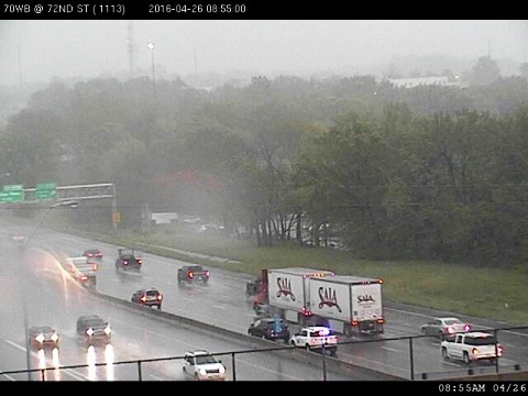 Motorists made their way through heavy rain on Tuesday morning on I-70 near 72nd Street. KC Scout reported an accident  on I-70 near 78th about 8:50 a.m. (KC Scout photo)