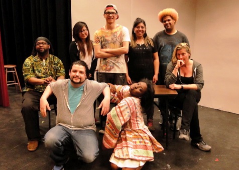 The cast of “Taking America Back,” Includes, front, left to right, Shane Gillaspie and Alayah Womack. Second Row: Treemayne Brown, Rose Vang, Sebastian Davila, Ana Andrade, Charles Humphrey and Anissa Maple. (KCKCC photo)