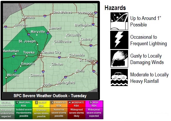 Kansas City, Kan., is on the edge of a marginal risk area that may have isolated severe thunderstorms later tonight. (National Weather Service graphic)