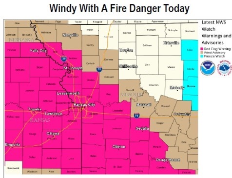 A red flag warning will be in effect this afternoon in Wyandotte County, according to the National Weather Service. (National Weather Service graphic)