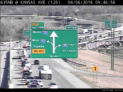 KC Scout reported a collision about 7:39 a.m. April 6 on I-635 northbound near I-70 in Kansas City, Kan. The right lane was closed. (KC Scout photo)