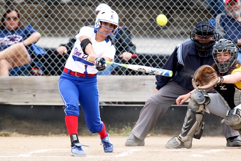 Mekayla Guerrero’s towering 2-run home run to right field put KCKCC ahead to stay 6-4 on the way to a 12-4 win over Neosho County Thursday. It was Guerrero’s fourth home of the season and she singled and doubled in the Blue Devils’ 4-2 nightcap win. (Photo by Jan Humphreys)