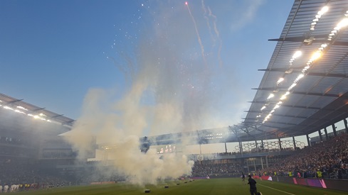 Soccer action tonight from the Sporting KC - Real Salt Lake match at Chidlren's Mercy Park in Kansas City, Kan.  Real Salt Lake led 2-0 late in the match. (Photo by William Crum)